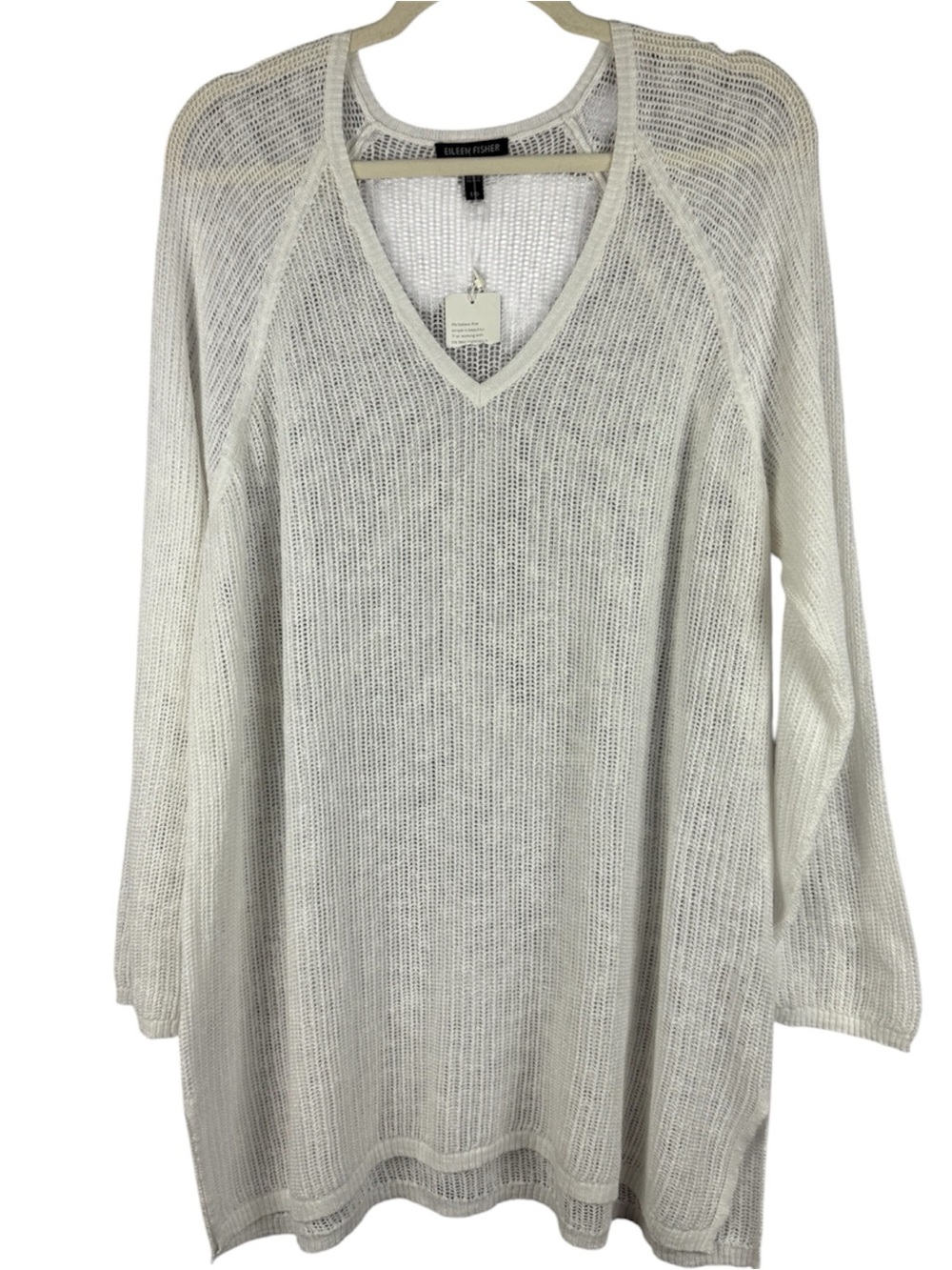 Eileen Fisher NWT Organic Linen Cotton Open Knit V-Neck Tunic Sweater White L